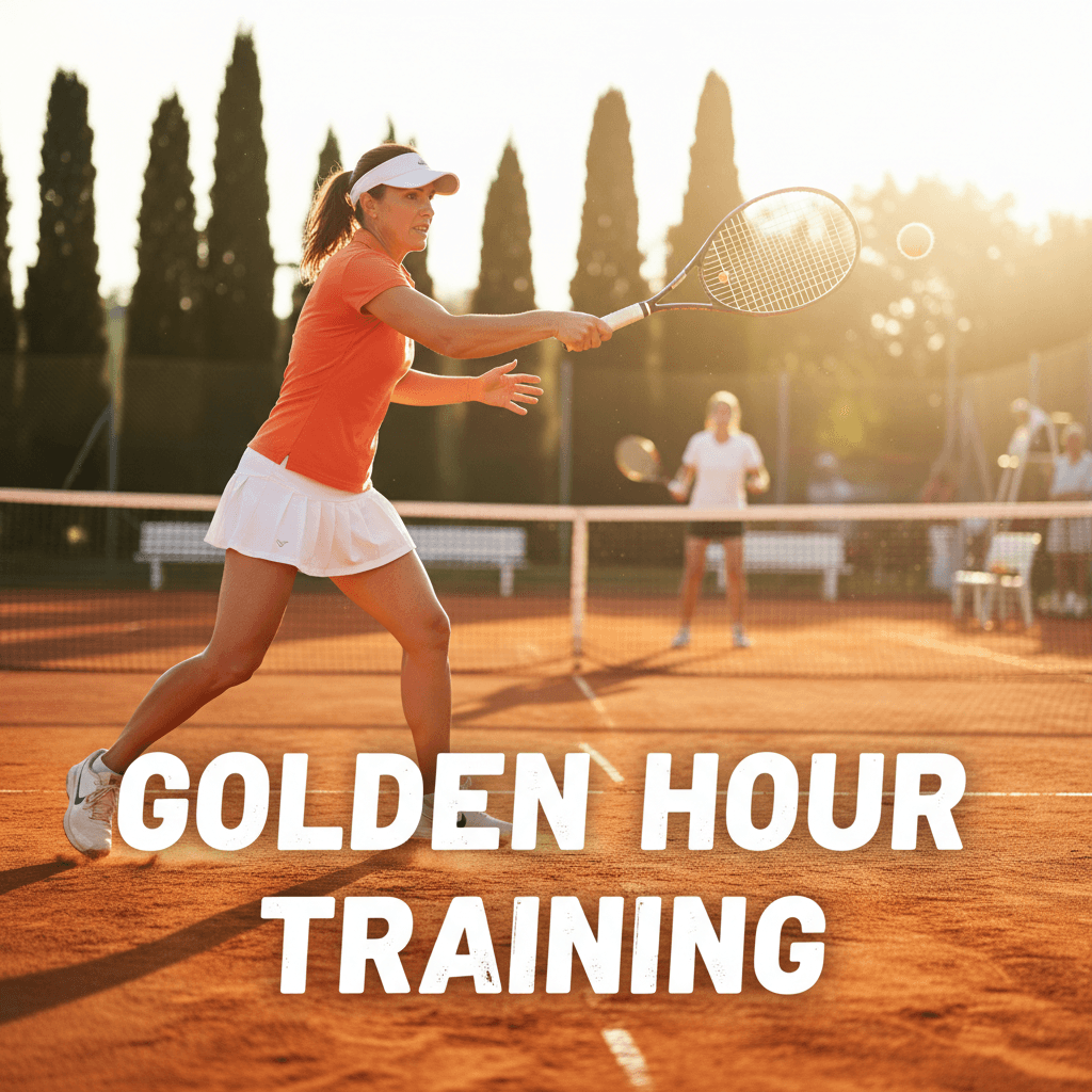 Istruttrice di tennis colpisce un dritto pulito durante una lezione al tramonto