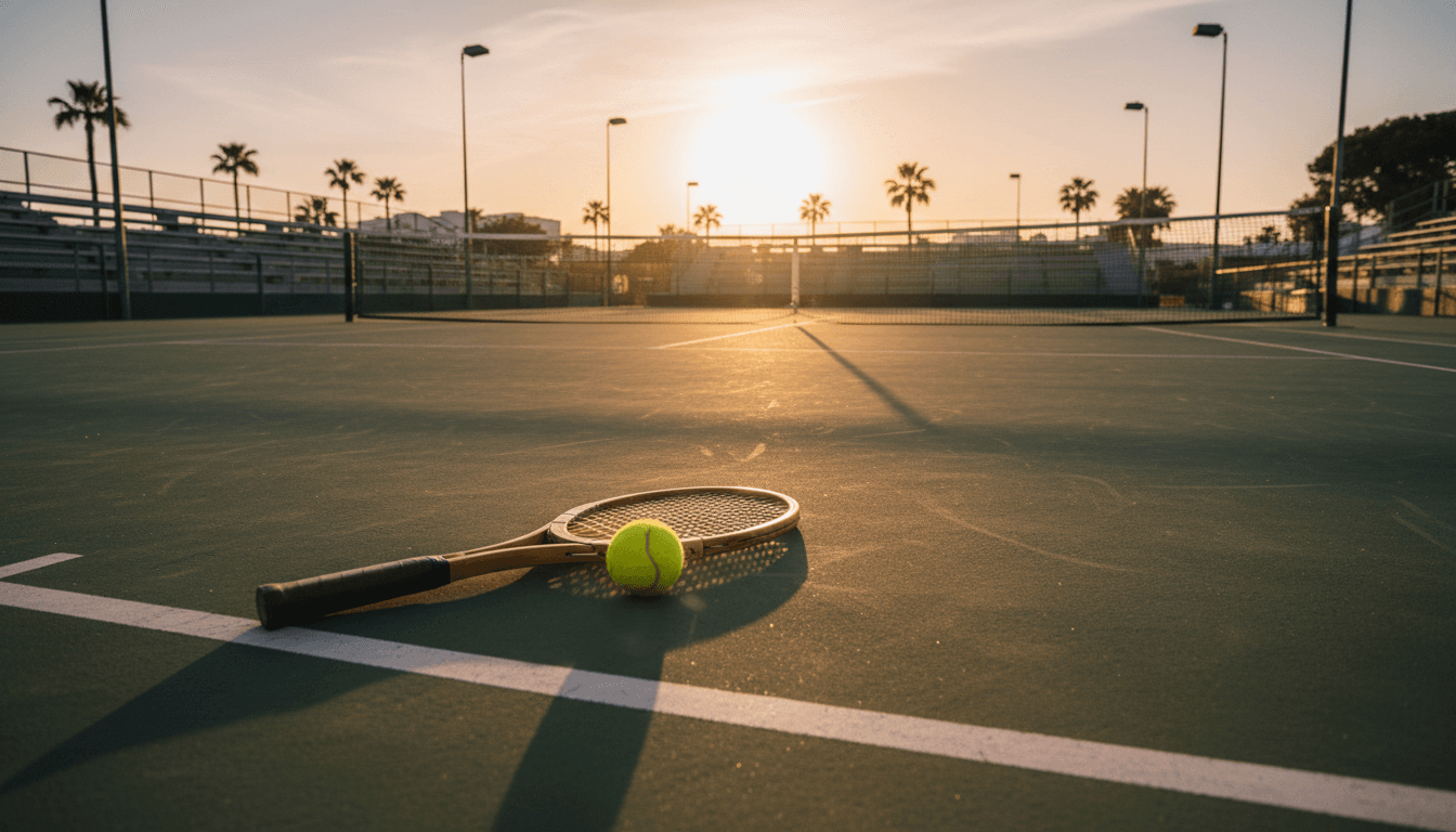 Campo da tennis al tramonto con racchetta e pallina pronte per l'allenamento