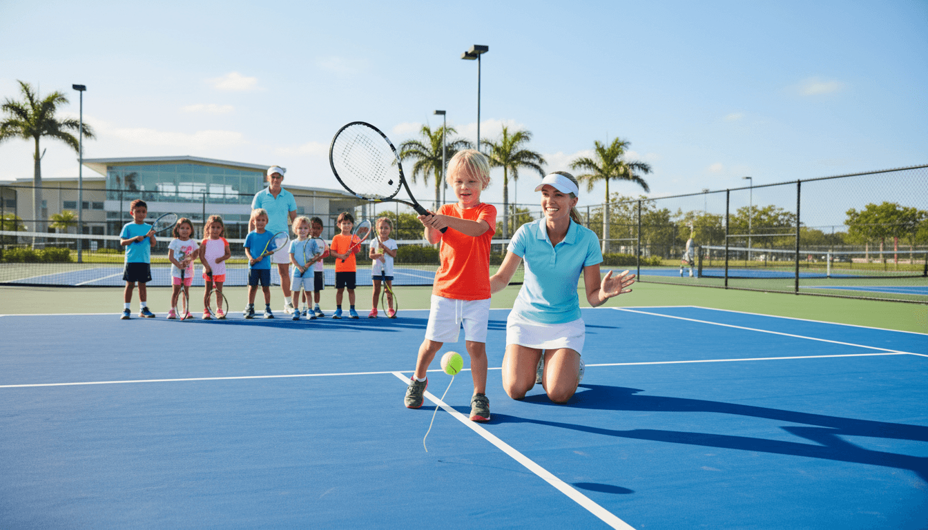 Bambino in una lezione di tennis di gruppo con un istruttore che lo guida