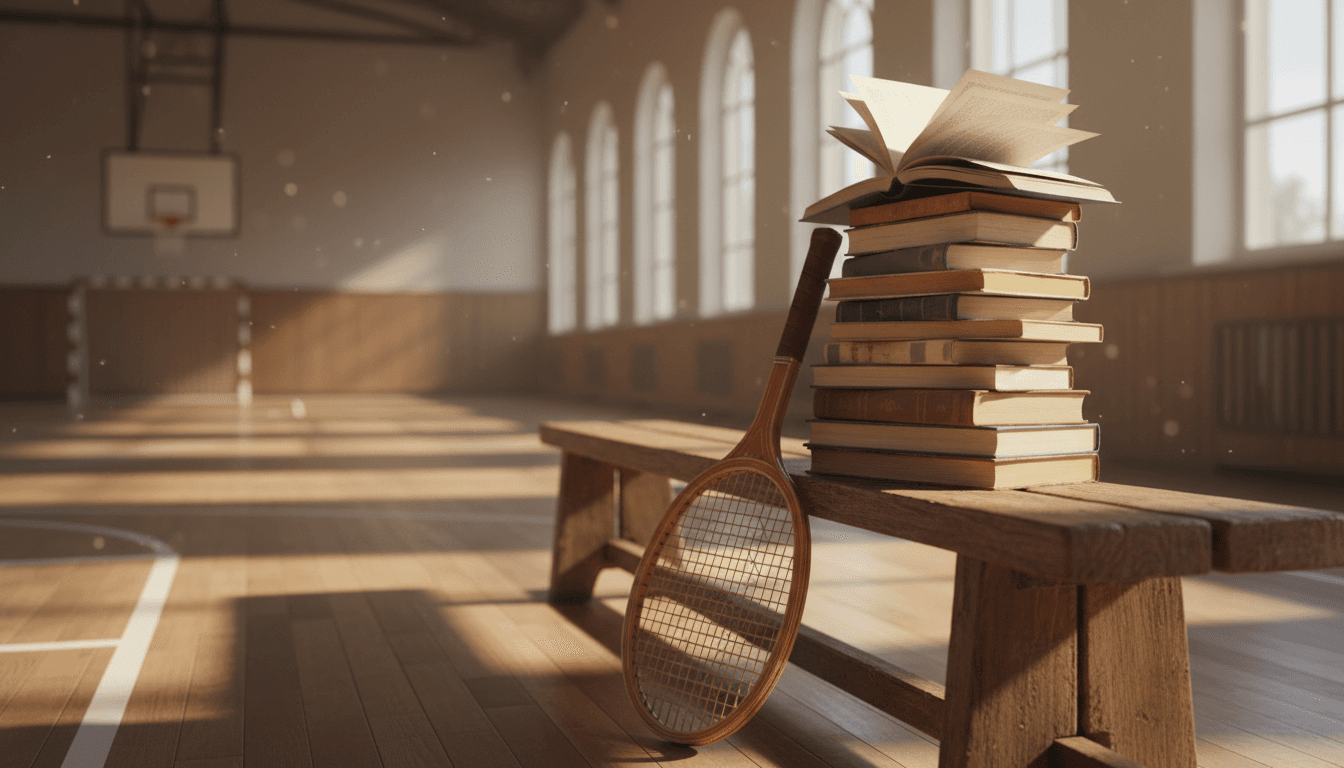 Libri su una panca in una palestra luminosa con una racchetta da tennis appoggiata vicino
