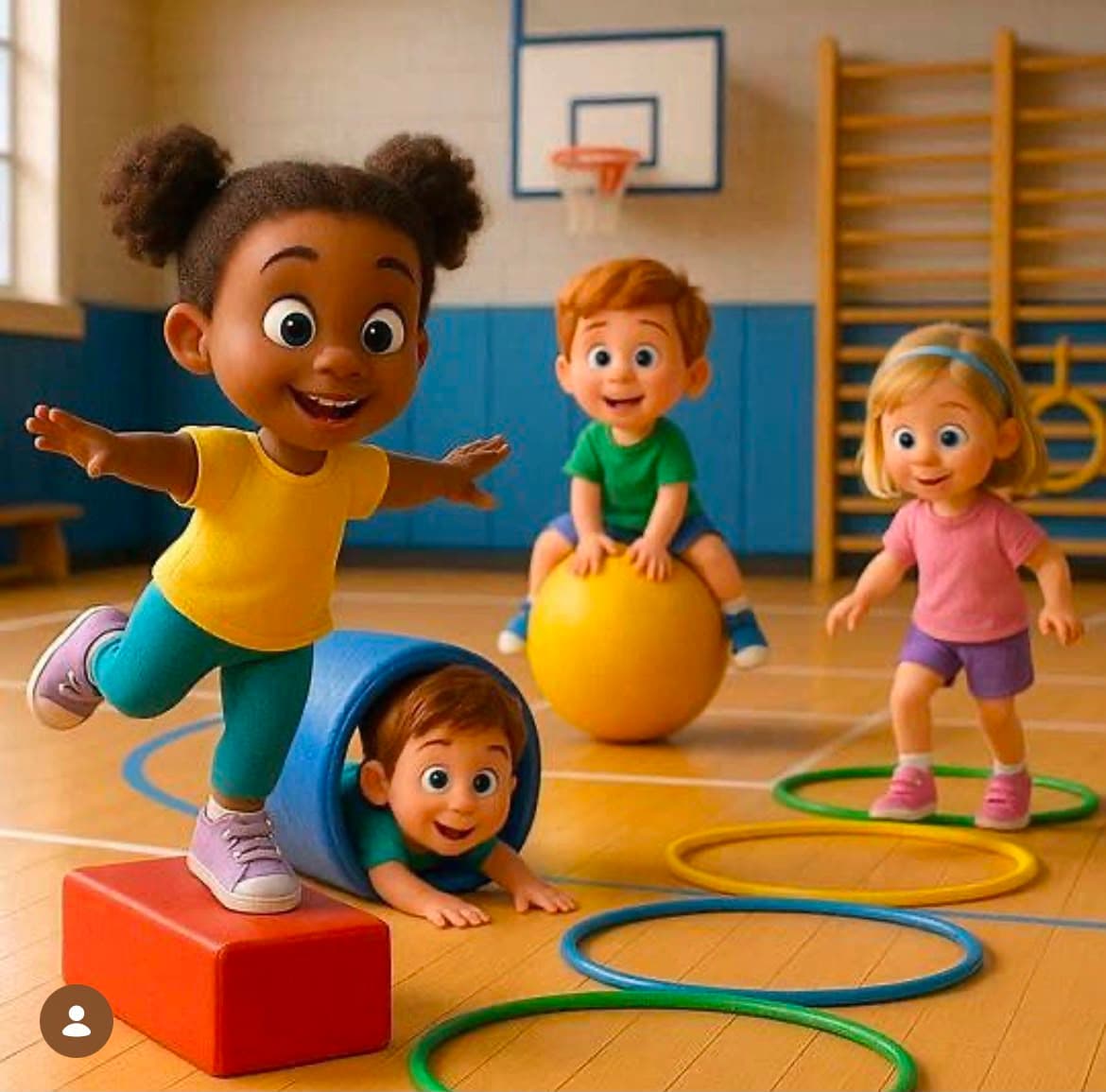 Quattro bambini animati giocano allegramente in una palestra con cerchi, tunnel e una palla gialla.