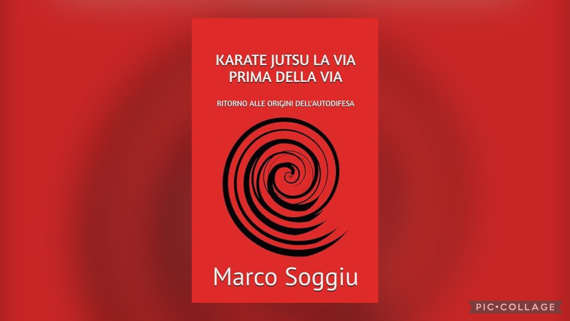Copertina rossa del libro Karate Jutsu di Marco Soggiu con una spirale nera stilizzata centrale.
